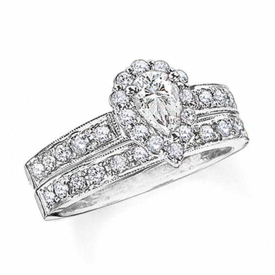 Previously Owned - 2 CT. T.w. Pear-Shaped Diamond Bridal Set in 14K White Gold