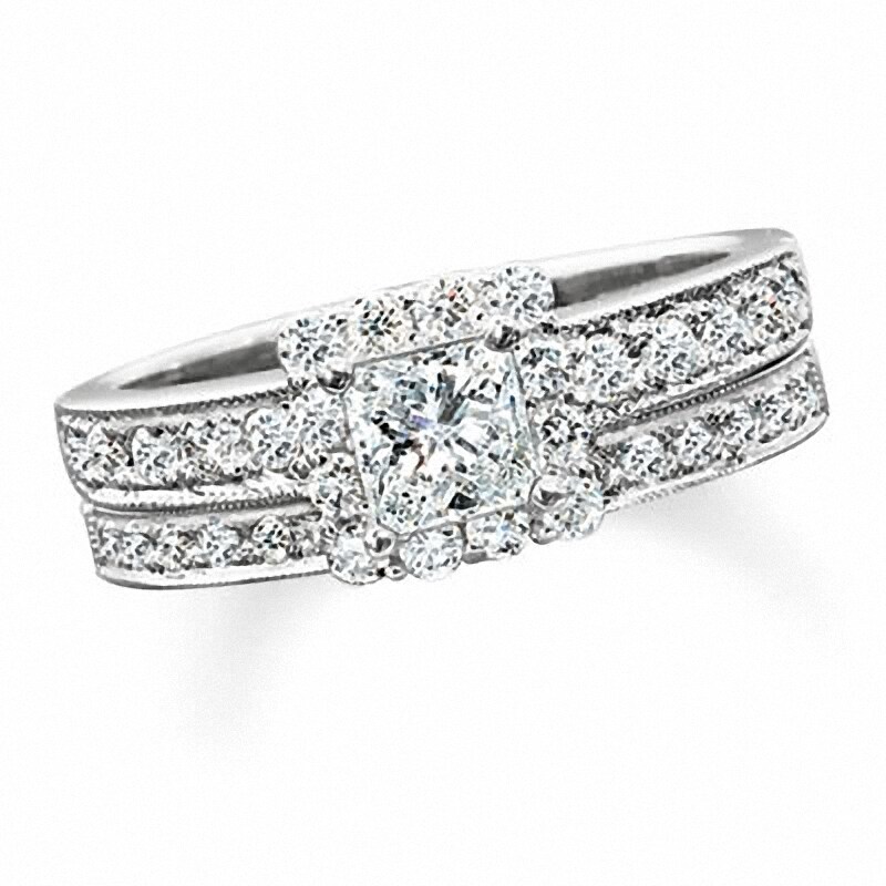 Main Image 1 of Previously Owned - 1-1/4 CT. T.W. Square-Cut Diamond Bridal Set in 14K White Gold