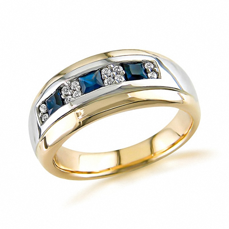 Main Image 1 of Previously Owned Square-Cut Blue Sapphire and 1/6 CT. T.W. Diamond Band in 14K Two-Tone Gold