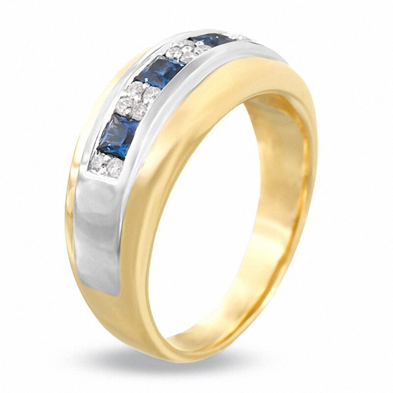 Main Image 2 of Previously Owned Square-Cut Blue Sapphire and 1/6 CT. T.W. Diamond Band in 14K Two-Tone Gold