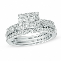Previously Owned - 1-1/4 CT. T.W. Quad Princess-Cut Diamond Bridal Set in 14K White Gold