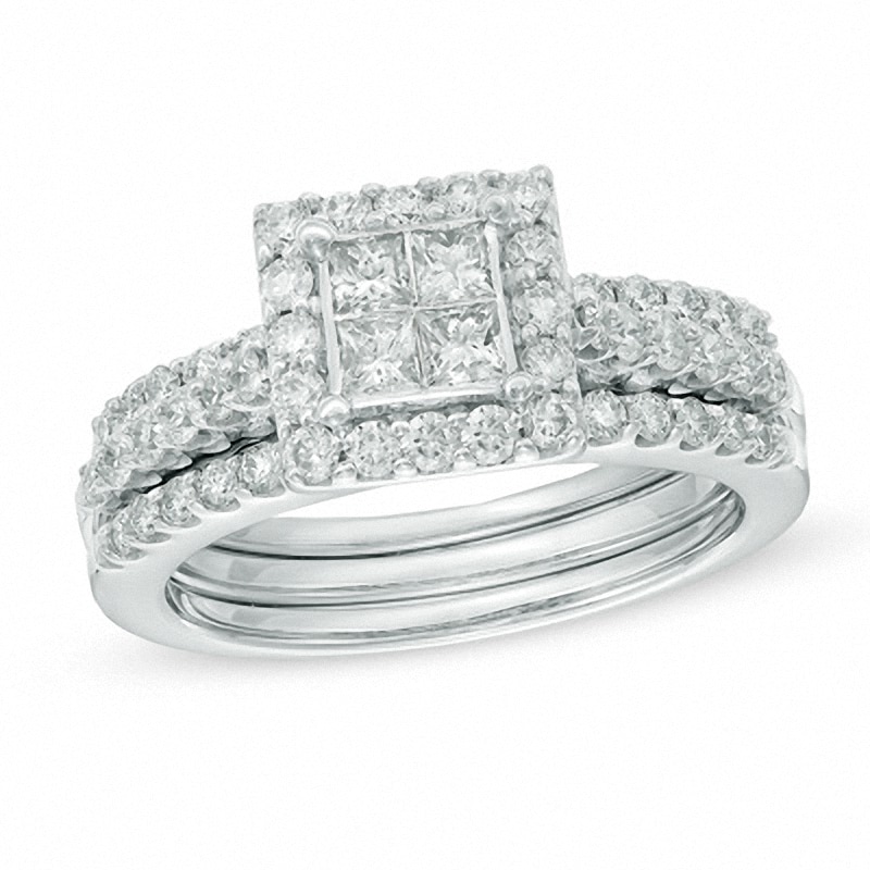 Main Image 1 of Previously Owned - 1-1/4 CT. T.W. Quad Princess-Cut Diamond Bridal Set in 14K White Gold