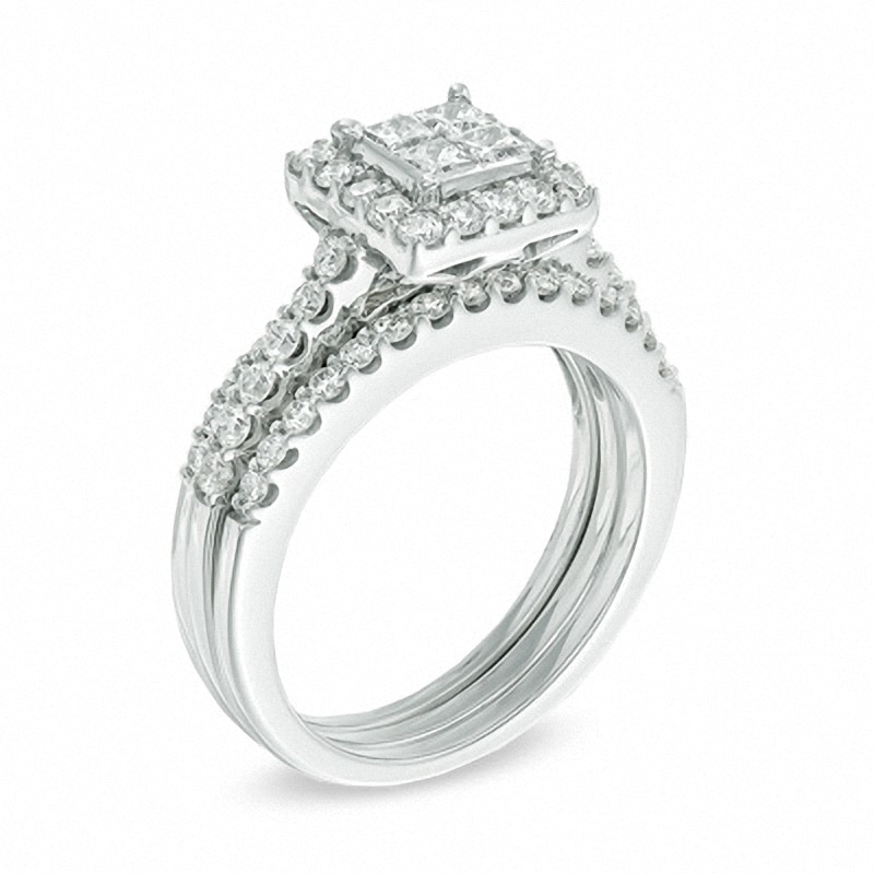 Main Image 2 of Previously Owned - 1-1/4 CT. T.W. Quad Princess-Cut Diamond Bridal Set in 14K White Gold