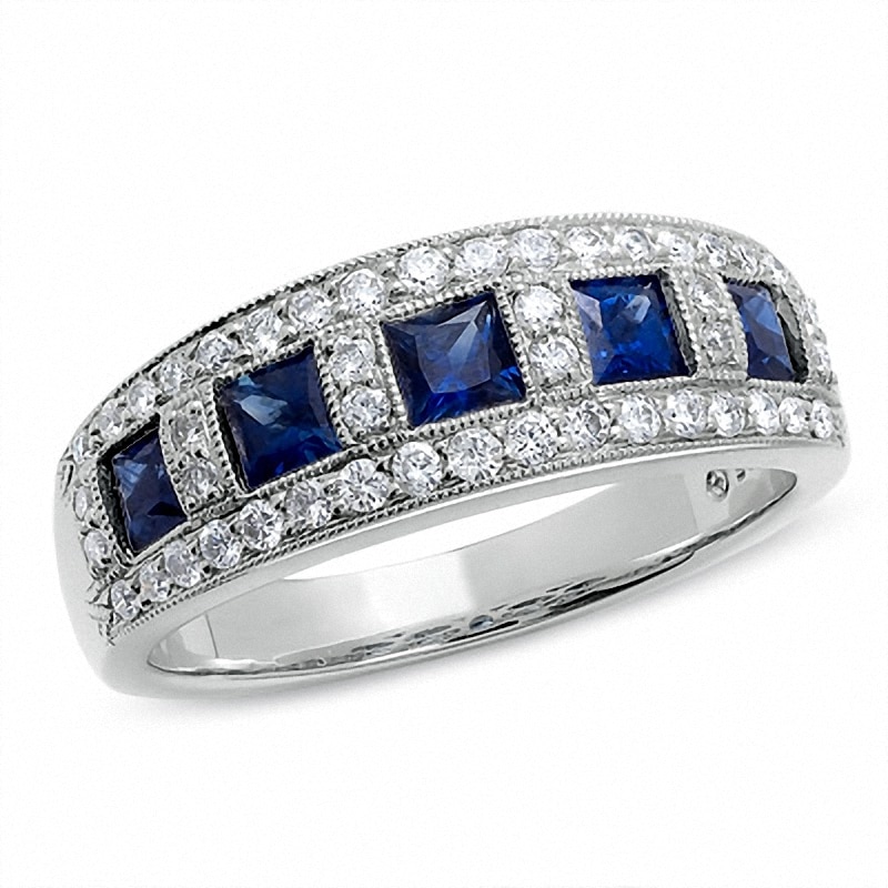 Main Image 1 of Previously Owned - 1/3 CT. T.W. Diamond and Princess-Cut Blue Sapphire Anniversary Band in 14K White Gold