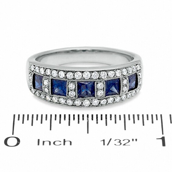 Previously Owned - 1/3 CT. T.w. Diamond and Princess-Cut Blue Sapphire Anniversary Band in 14K White Gold