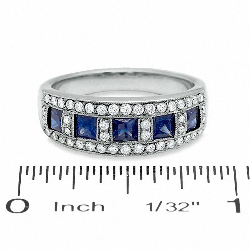 Main Image 3 of Previously Owned - 1/3 CT. T.W. Diamond and Princess-Cut Blue Sapphire Anniversary Band in 14K White Gold