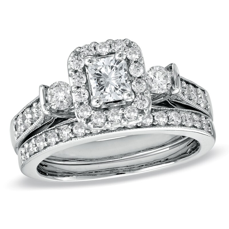 Main Image 1 of Previously Owned - 1-1/4 CT. T.W. Radiant-Cut Diamond Bridal Set in 14K White Gold