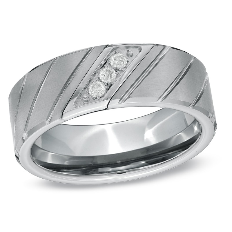 Main Image 1 of Previously Owned - 8.0mm 1/10 CT. T.W. Diamond Three Stone Slant Tungsten Wedding Band