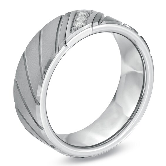 Previously Owned - 8.0mm 1/10 CT. T.w. Diamond Three Stone Slant Tungsten Wedding Band