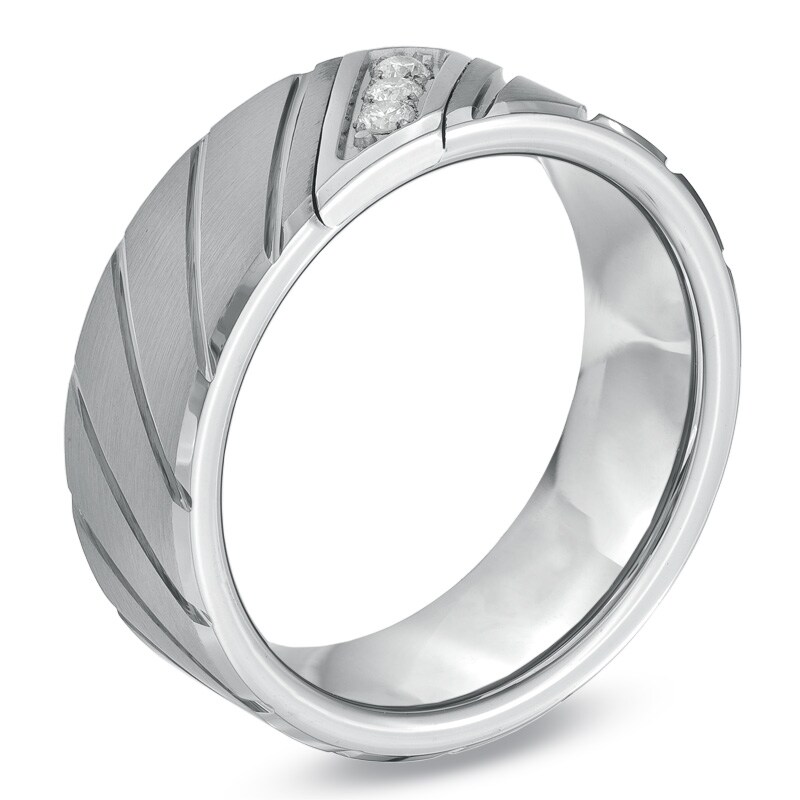 Main Image 2 of Previously Owned - 8.0mm 1/10 CT. T.W. Diamond Three Stone Slant Tungsten Wedding Band