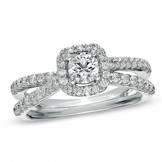 Previously Owned - 1 CT. T.w. Diamond Frame Split Shank Ring in 14K White Gold
