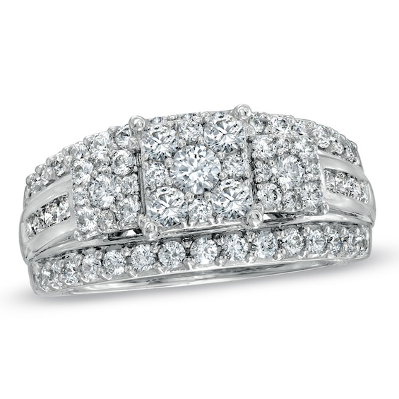 Previously Owned - 1-1/2 CT. T.w. Diamond Square Composite Three Stone Ring in 14K White Gold