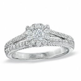 Previously Owned - 3/4 CT. T.W. Diamond Cluster Split Shank Engagement Ring in 14K White Gold