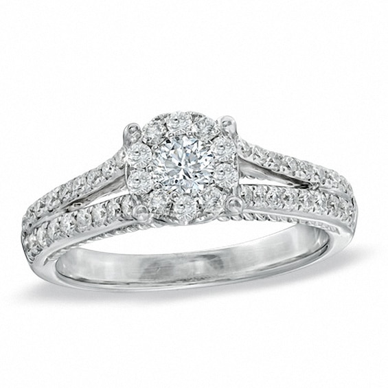 Previously Owned - 3/4 CT. T.w. Diamond Cluster Split Shank Engagement Ring in 14K White Gold