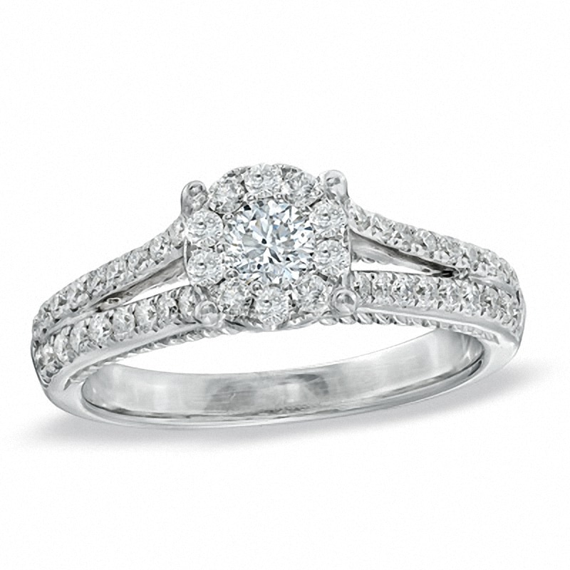 Main Image 1 of Previously Owned - 3/4 CT. T.W. Diamond Cluster Split Shank Engagement Ring in 14K White Gold