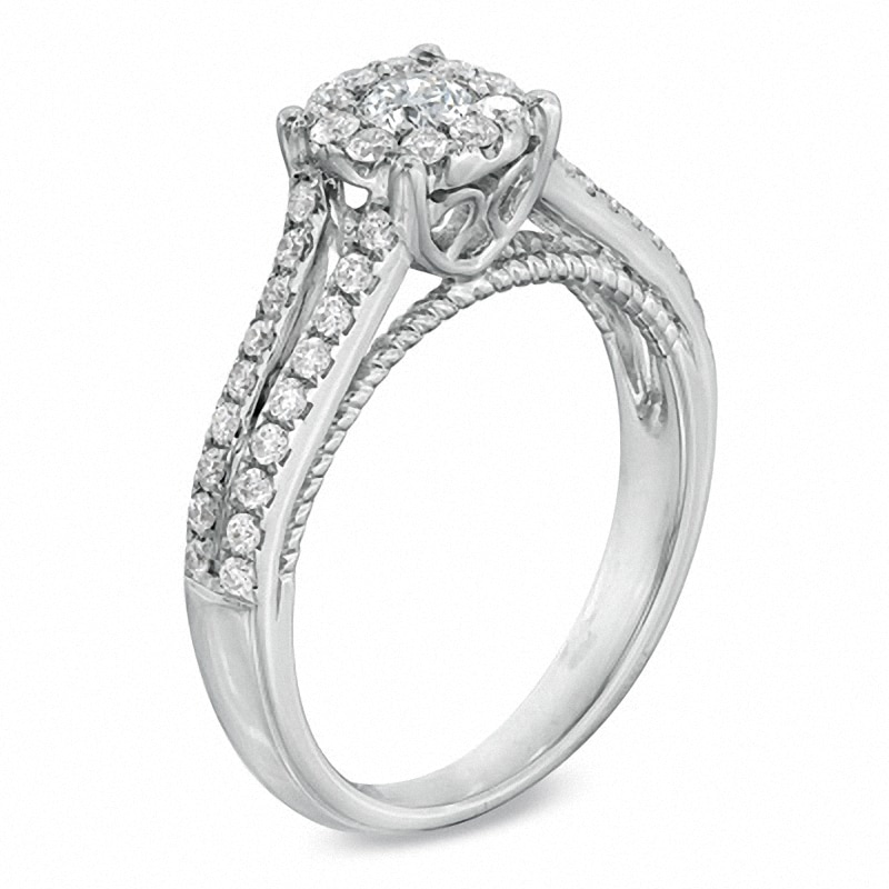 Main Image 2 of Previously Owned - 3/4 CT. T.W. Diamond Cluster Split Shank Engagement Ring in 14K White Gold