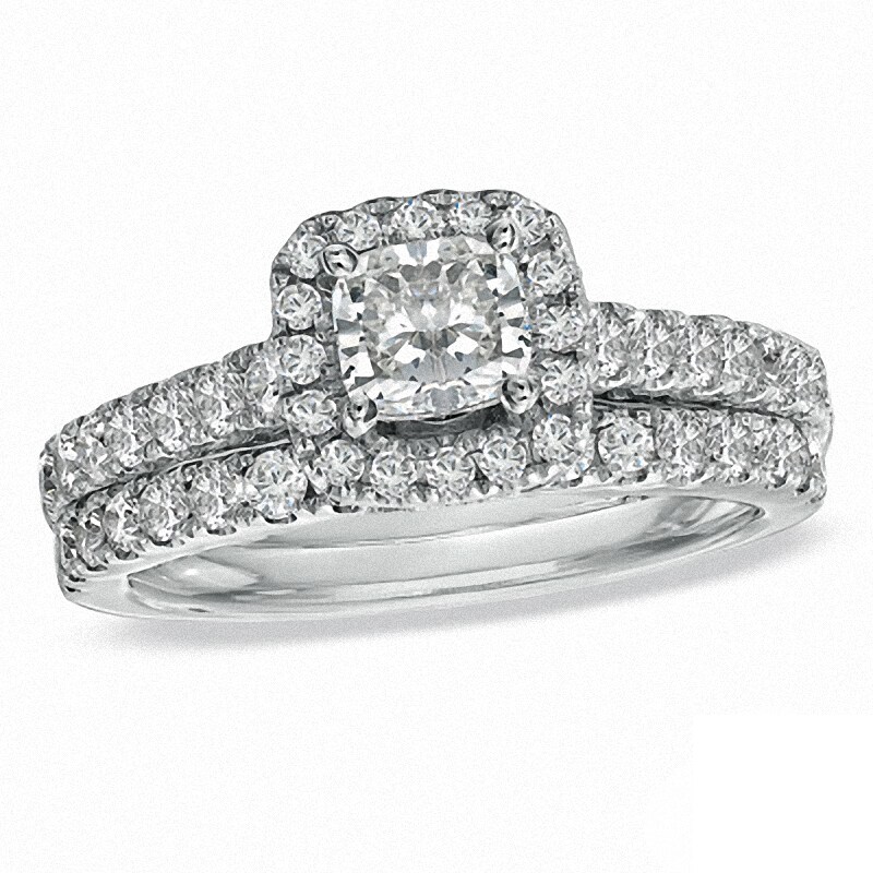 Main Image 1 of Previously Owned - Vera Wang Love Collection 1-1/2 CT. T.W. Cushion-Cut Diamond Frame Bridal Set in 14K White Gold