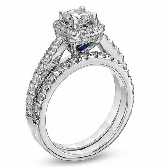 Previously Owned - Vera Wang Love Collection 1-1/2 CT. T.w. Cushion-Cut Diamond Frame Bridal Set in 14K White Gold