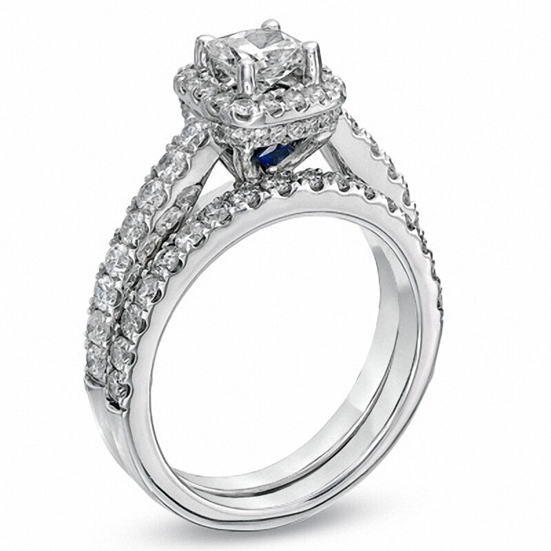 Main Image 3 of Previously Owned - Vera Wang Love Collection 1-1/2 CT. T.W. Cushion-Cut Diamond Frame Bridal Set in 14K White Gold