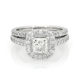 Previously Owned 2 CT. T.W. Princess-Cut Diamond Frame Soldered Bridal Set in 14K White Gold