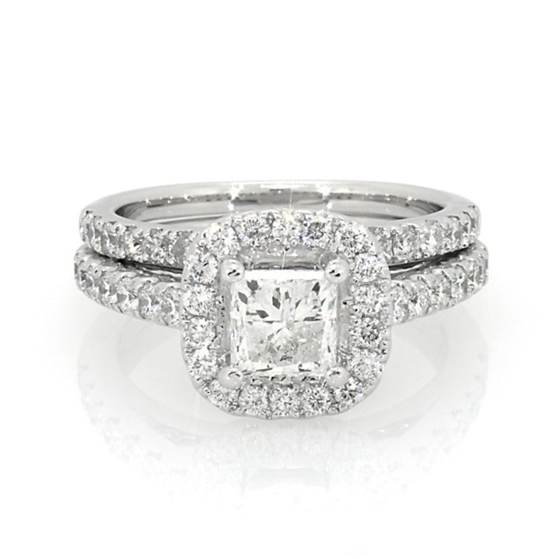 Main Image 1 of Previously Owned 2 CT. T.W. Princess-Cut Diamond Frame Soldered Bridal Set in 14K White Gold