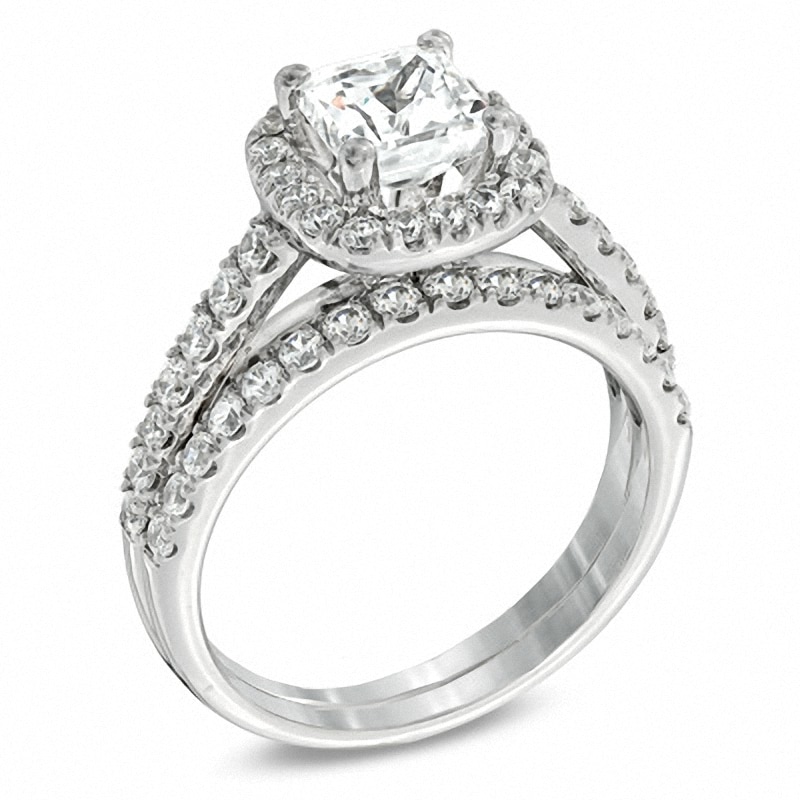 Main Image 2 of Previously Owned 2 CT. T.W. Princess-Cut Diamond Frame Soldered Bridal Set in 14K White Gold