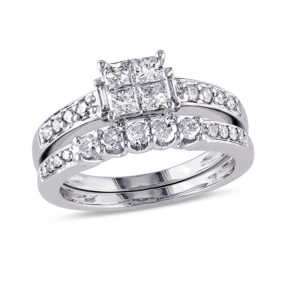 Previously Owned - 1 CT. T.w. Quad Princess-Cut Diamond Bridal Set in 14K White Gold