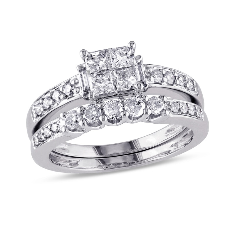 Main Image 1 of Previously Owned - 1 CT. T.W. Quad Princess-Cut Diamond Bridal Set in 14K White Gold