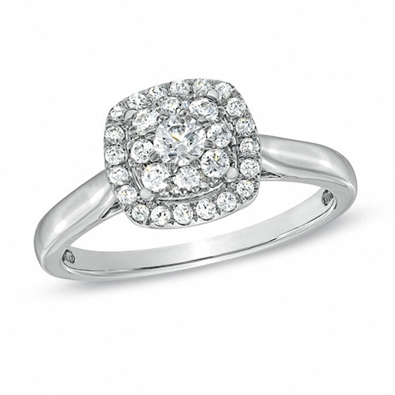 Previously Owned - 1/2 CT. T.w. Diamond Cluster Cushion Frame Engagement Ring in 14K White Gold