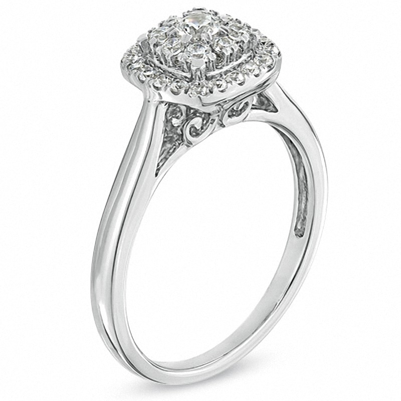 Main Image 2 of Previously Owned - 1/2 CT. T.W. Diamond Cluster Cushion Frame Engagement Ring in 14K White Gold