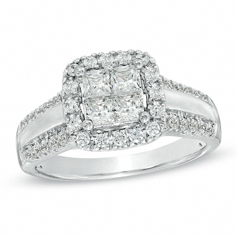Main Image 1 of Previously Owned - 1 CT. T.W. Princess-Cut Quad Diamond Frame Engagement Ring in 14K White Gold