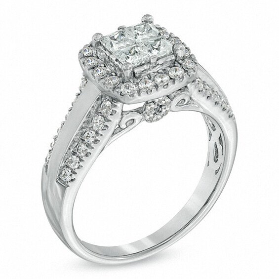Previously Owned - 1 CT. T.w. Princess-Cut Quad Diamond Frame Engagement Ring in 14K White Gold