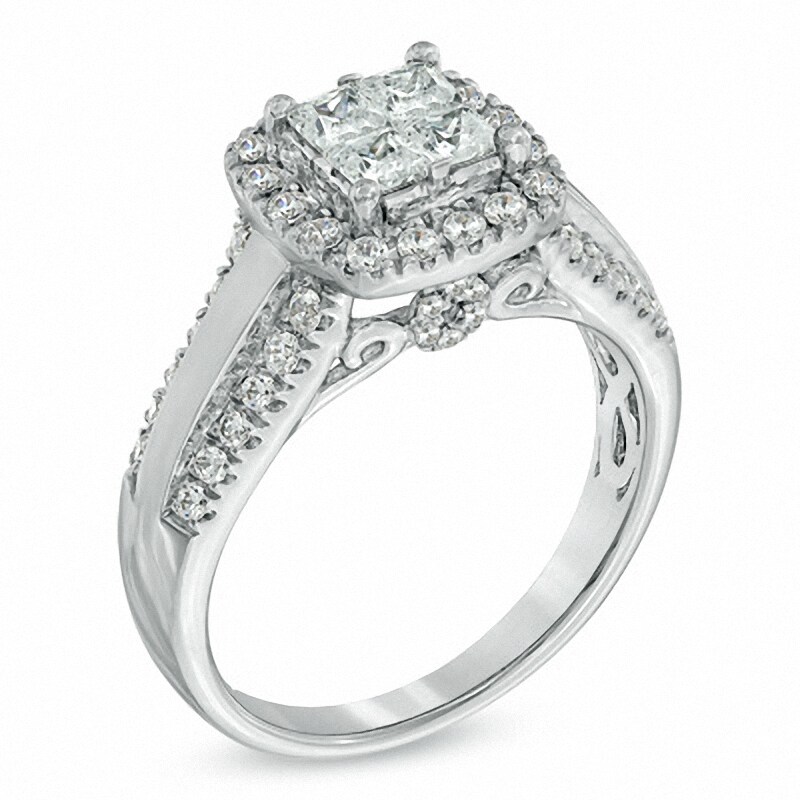 Main Image 2 of Previously Owned - 1 CT. T.W. Princess-Cut Quad Diamond Frame Engagement Ring in 14K White Gold