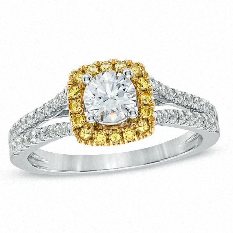 Main Image 1 of Previously Owned - 1 CT. T.W. Yellow and White Diamond Frame Engagement Ring in 14K Two-Tone Gold