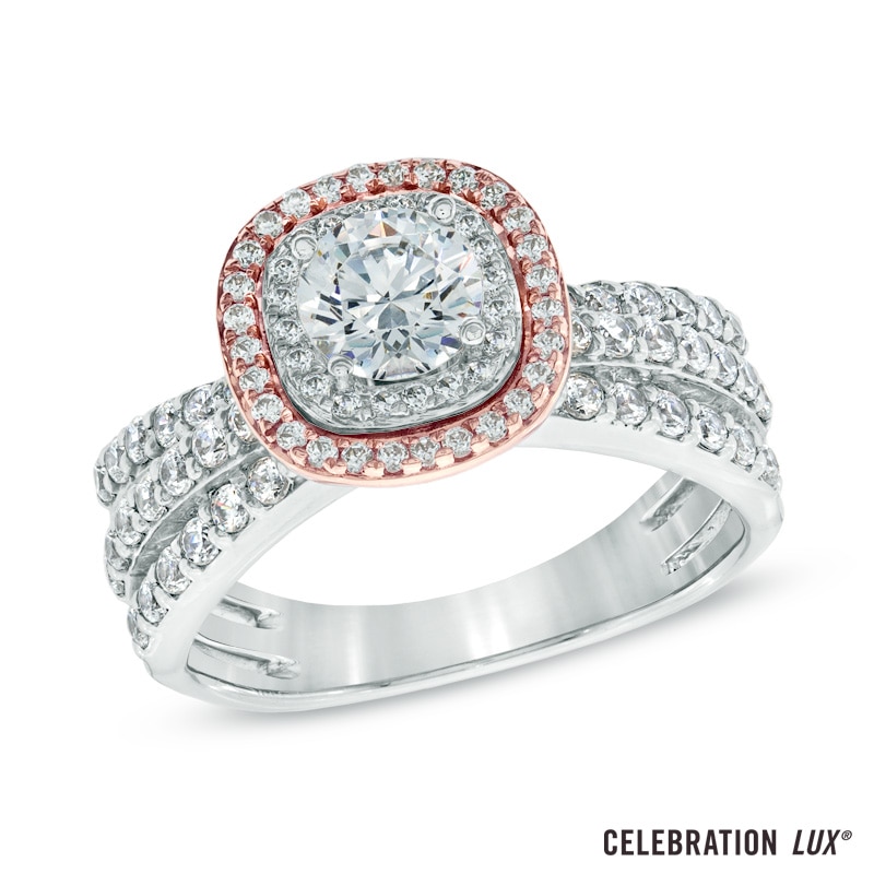Main Image 1 of Previously Owned - Celebration Lux® 1-1/3 CT. T.W. Diamond Triple Row Frame Engagement Ring in 18K Two-Tone Gold (I/SI2)