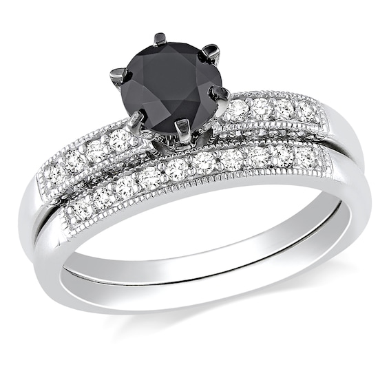 Previously Owned - 1-1/4 CT. T.w. Enhanced Black and White Diamond Bridal Set in 10K White Gold