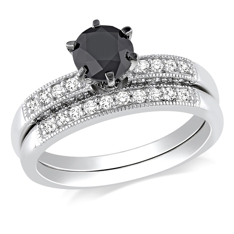 Main Image 1 of Previously Owned - 1-1/4 CT. T.W. Enhanced Black and White Diamond Bridal Set in 10K White Gold
