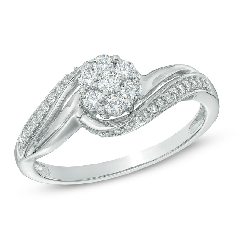Main Image 1 of Previously Owned - 1/3 CT. T.W. Cluster Swirl Engagement Ring in 10K White Gold