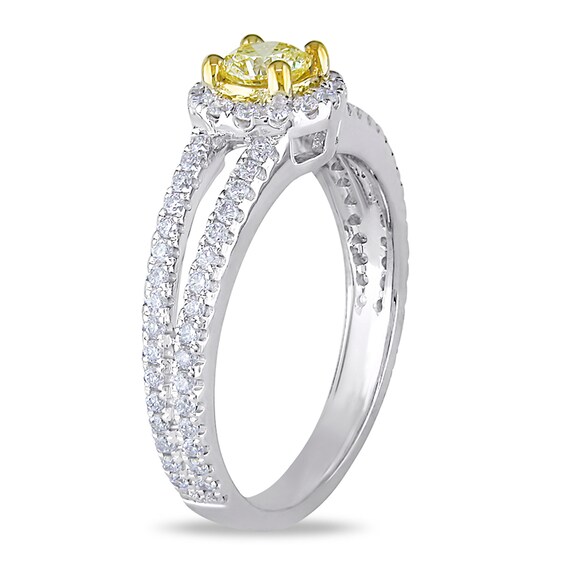 Previously Owned - 1 CT. T.w. Enhanced Yellow and White Diamond Split Shank Engagement Ring in 14K White Gold