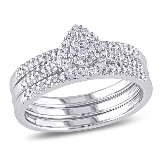 Previously Owned - 1/4 CT. T.w. Diamond Teardrop Cluster Three Piece Bridal Set in Sterling Silver
