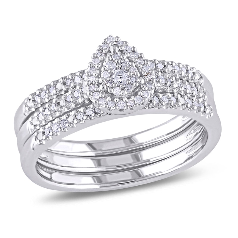 Main Image 1 of Previously Owned - 1/4 CT. T.W. Diamond Teardrop Cluster Three Piece Bridal Set in Sterling Silver