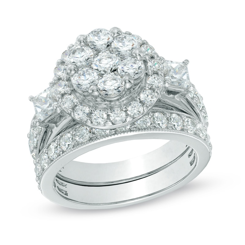 Main Image 1 of Previously Owned - 3 CT. T.W. Diamond Cluster Frame Bridal Set in 14K White Gold