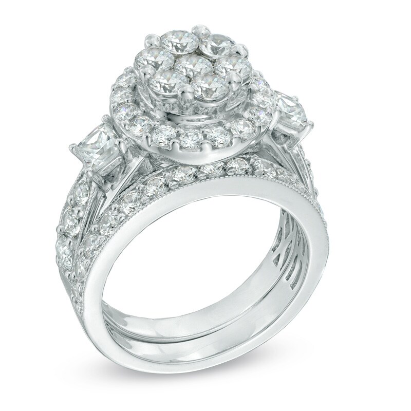 Main Image 2 of Previously Owned - 3 CT. T.W. Diamond Cluster Frame Bridal Set in 14K White Gold