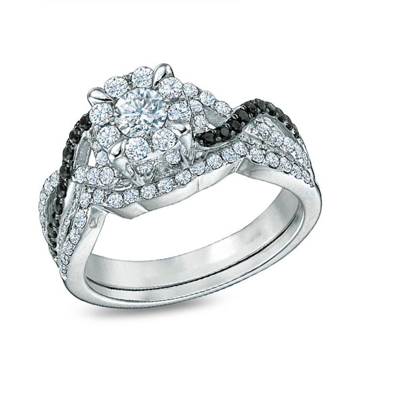 Main Image 1 of Previously Owned - 1 CT. T.W. Enhanced Black and White Diamond Twist Bridal Set in 10K White Gold