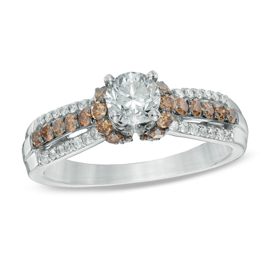 Previously Owned - 1 CT. T.w. Champagne and White Diamond Collar Engagement Ring in 14K White Gold
