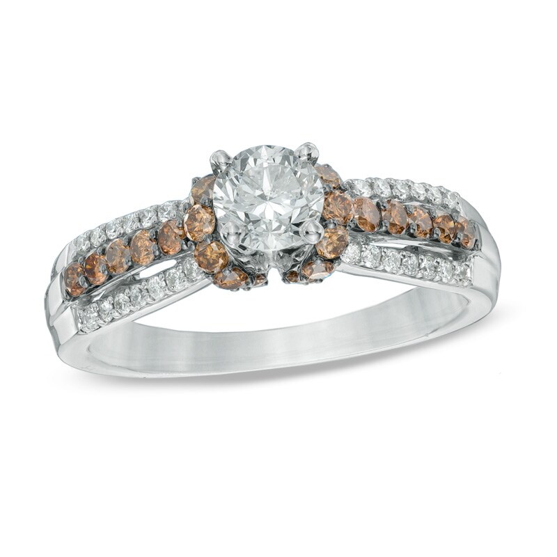 Main Image 1 of Previously Owned - 1 CT. T.W. Champagne and White Diamond Collar Engagement Ring in 14K White Gold