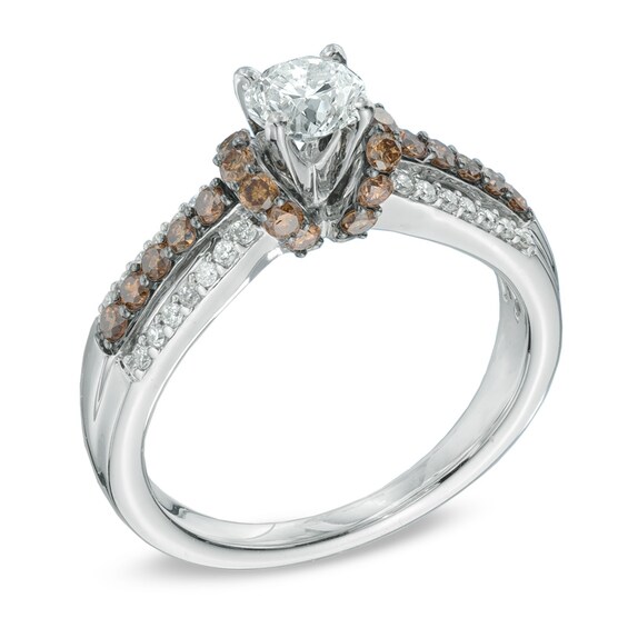 Previously Owned - 1 CT. T.w. Champagne and White Diamond Collar Engagement Ring in 14K White Gold