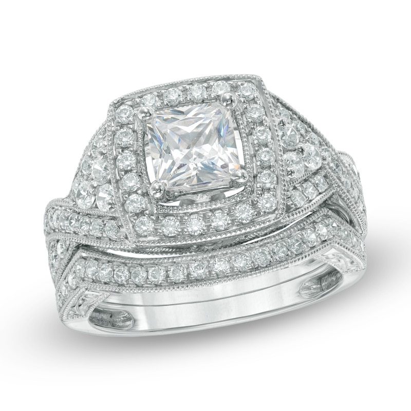 Main Image 1 of Previously Owned - 1-5/8 CT. T.W. Princess-Cut Diamond Vintage-Style Frame Bridal Set in 14K White Gold