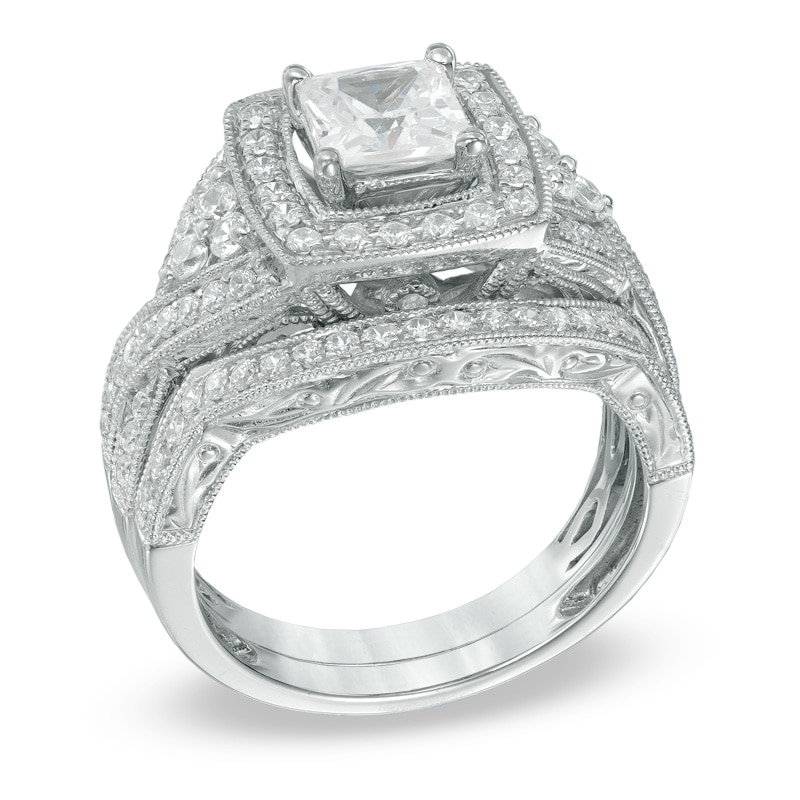 Main Image 2 of Previously Owned - 1-5/8 CT. T.W. Princess-Cut Diamond Vintage-Style Frame Bridal Set in 14K White Gold