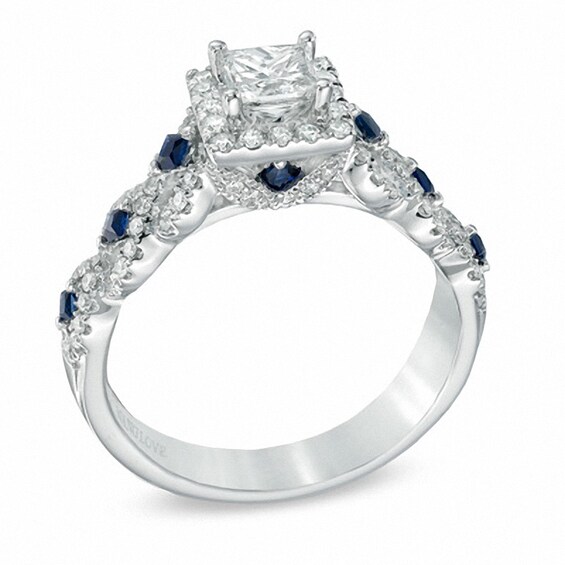 Previously Owned - Vera Wang Love Collection 1 CT. T.w. Diamond and Blue Sapphire Engagement Ring in 14K White Gold
